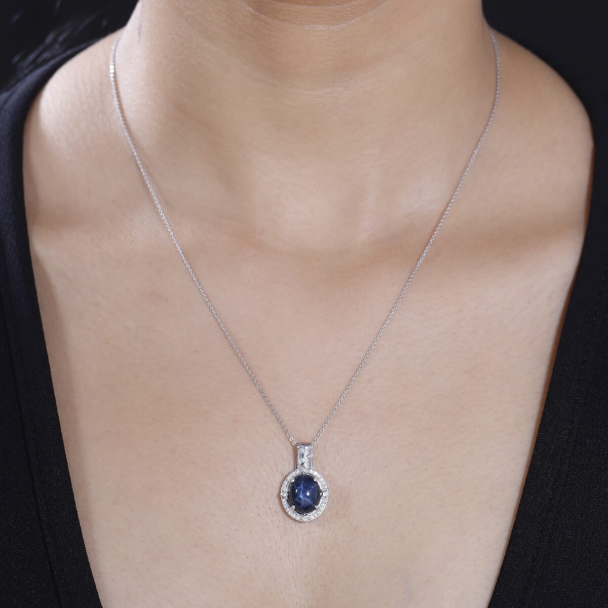 Blue Star Sapphire (DF) and Moissanite 6.90 ctw Celestial Pendant Necklace in Rhodium Over Sterling Silver 20 Inches image number 2