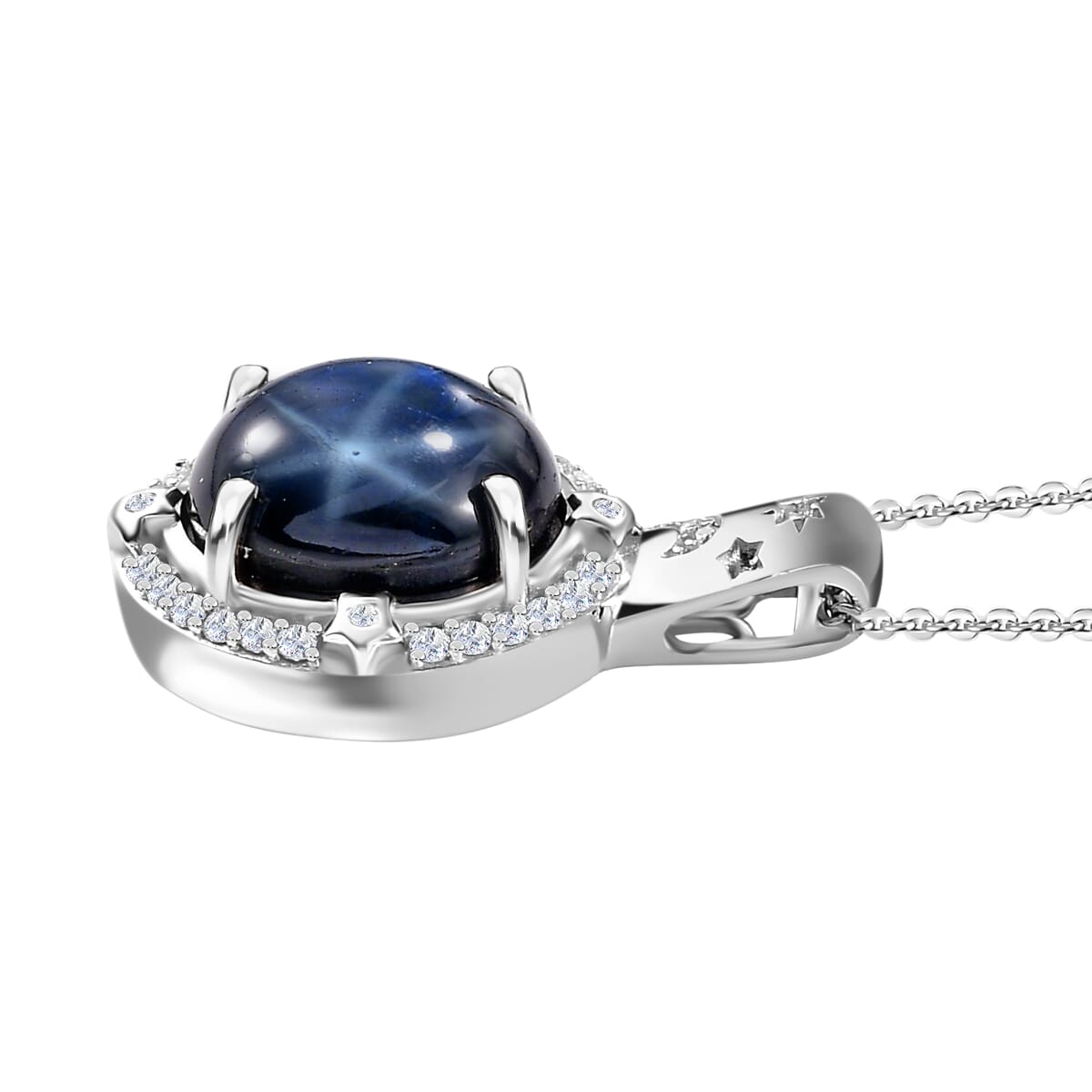 Blue Star Sapphire (DF) and Moissanite 6.90 ctw Celestial Pendant Necklace in Rhodium Over Sterling Silver 20 Inches image number 3