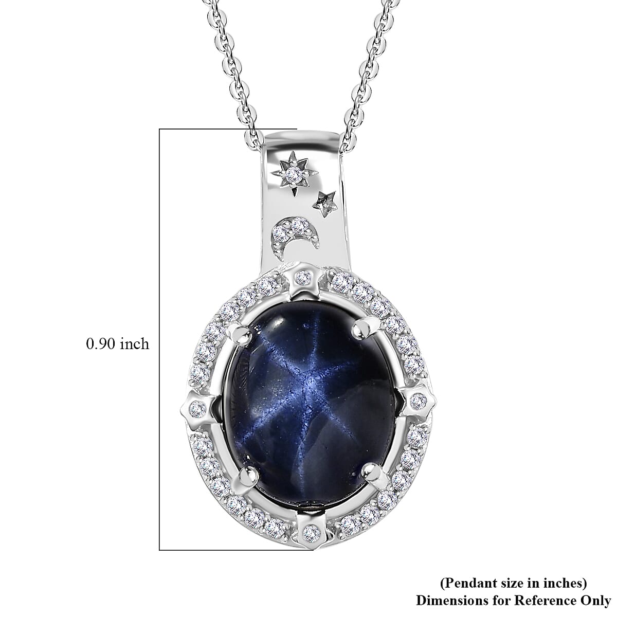 Blue Star Sapphire (DF) and Moissanite 6.90 ctw Celestial Pendant Necklace in Rhodium Over Sterling Silver 20 Inches