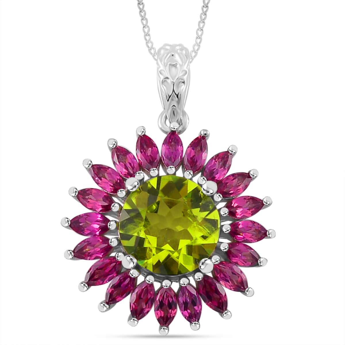 Hebei Peridot and Orissa Rhodolite Garnet 5.25 ctw Scarlet Star Pendant Necklace in Rhodium Over Sterling Silver 18 Inches image number 0