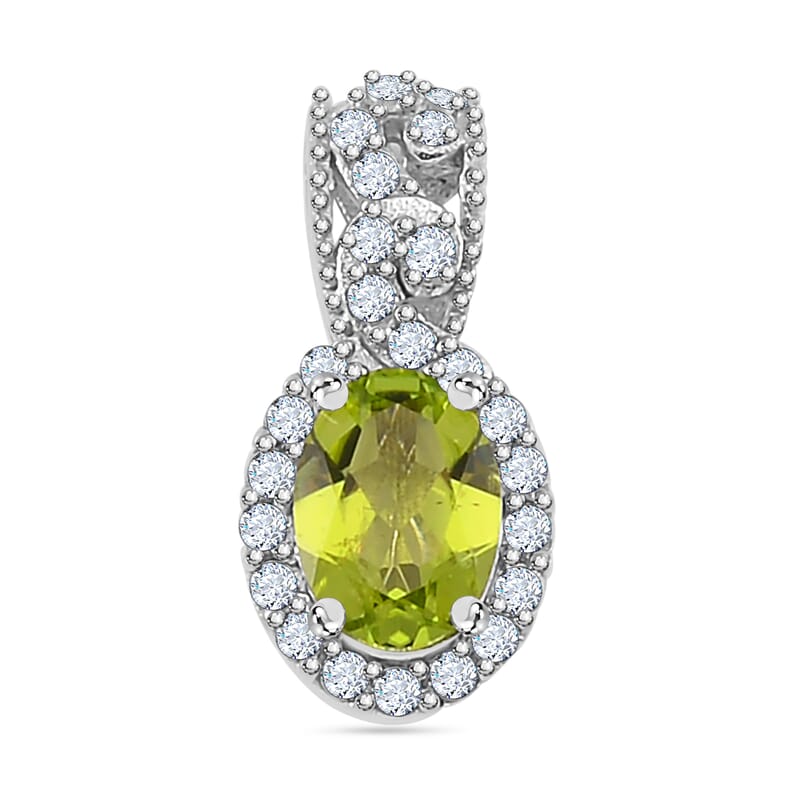 Hebei Peridot and White Zircon 2.40 ctw Crows Legacy Pendant and Ring (Size 5.0) in Rhodium Over Sterling Silver