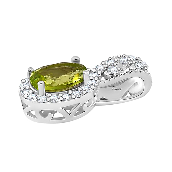 Hebei Peridot and White Zircon 2.40 ctw Crows Legacy Pendant and Ring (Size 5.0) in Rhodium Over Sterling Silver