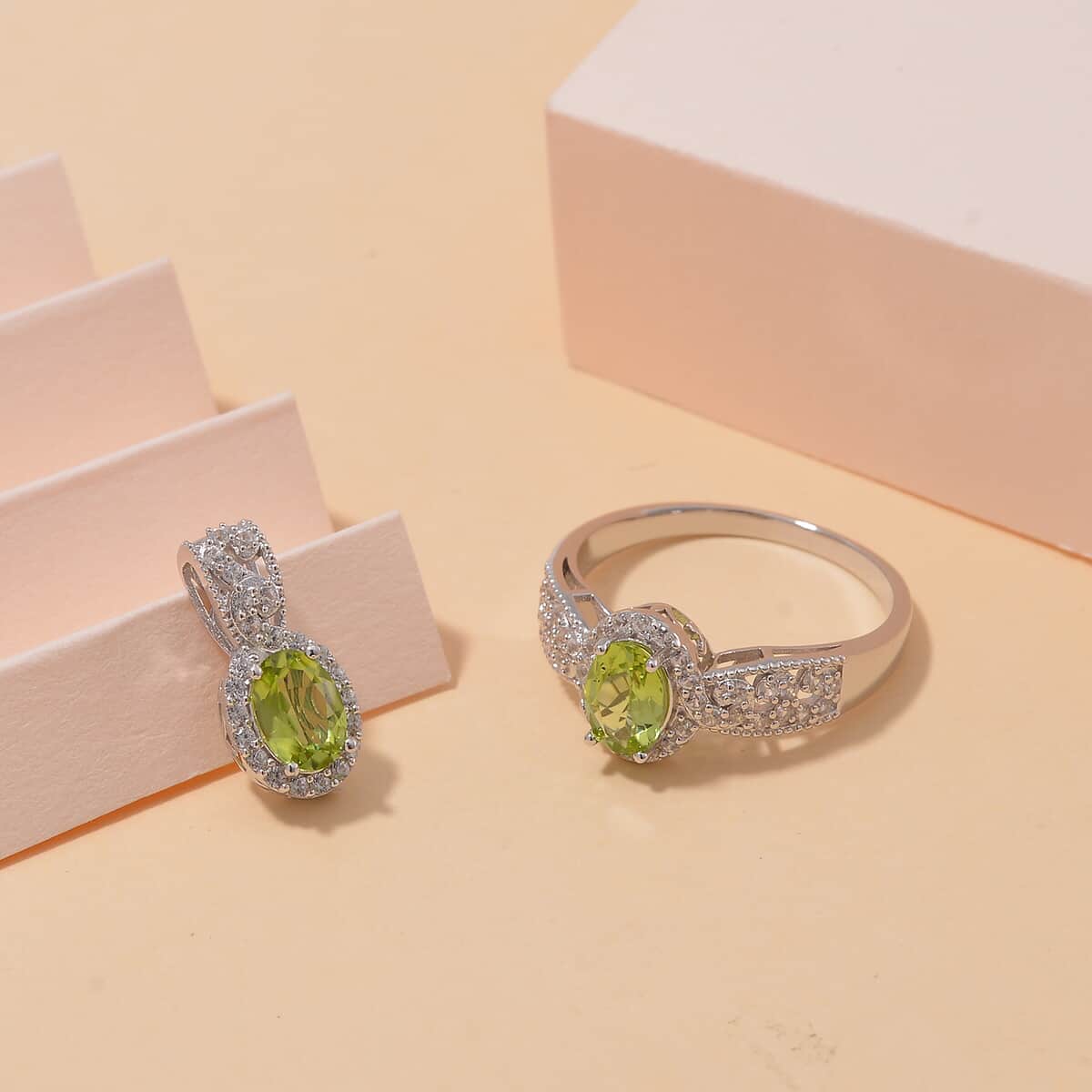 Hebei Peridot and White Zircon 2.40 ctw Crows Legacy Pendant and Ring Size 8 in Rhodium Over Sterling Silver image number 1