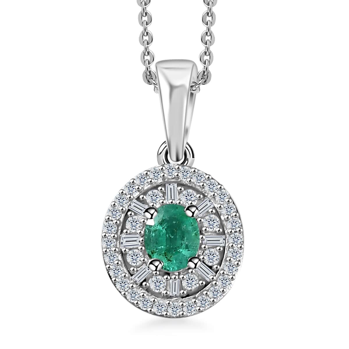 Boyaca Colombian Emerald and Diamond 0.65 ctw Verdant Halo Pendant Necklace in Rhodium Over Sterling Silver 20 Inches image number 0