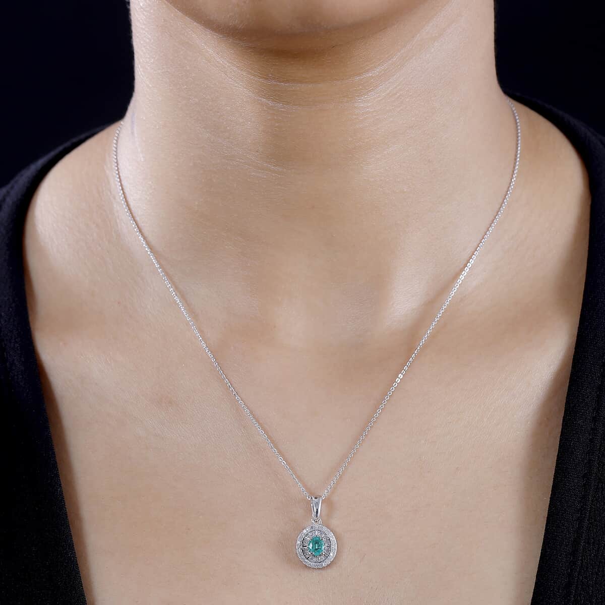 Boyaca Colombian Emerald and Diamond 0.65 ctw Verdant Halo Pendant Necklace in Rhodium Over Sterling Silver 20 Inches image number 2