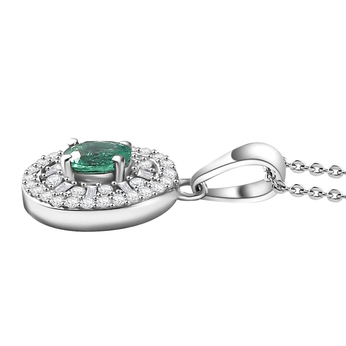 Boyaca Colombian Emerald and Diamond 0.65 ctw Verdant Halo Pendant Necklace in Rhodium Over Sterling Silver 20 Inches image number 3