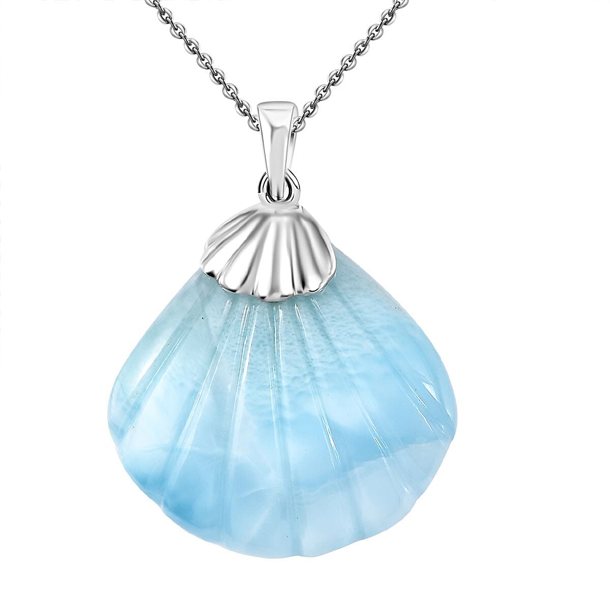 Buy Larimar 34.60 ctw Seashell Pendant Necklace in Rhodium