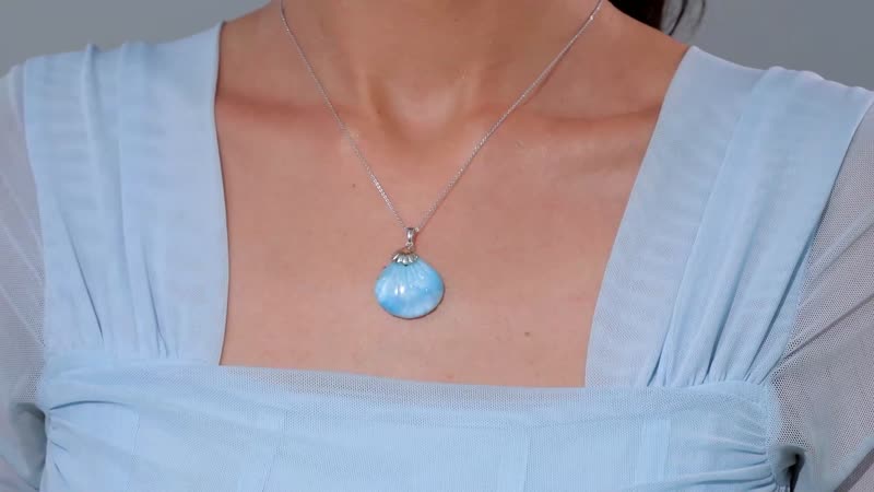 Larimar 34.60 ctw Seashell Pendant Necklace in Rhodium Over Sterling Silver 20 Inches