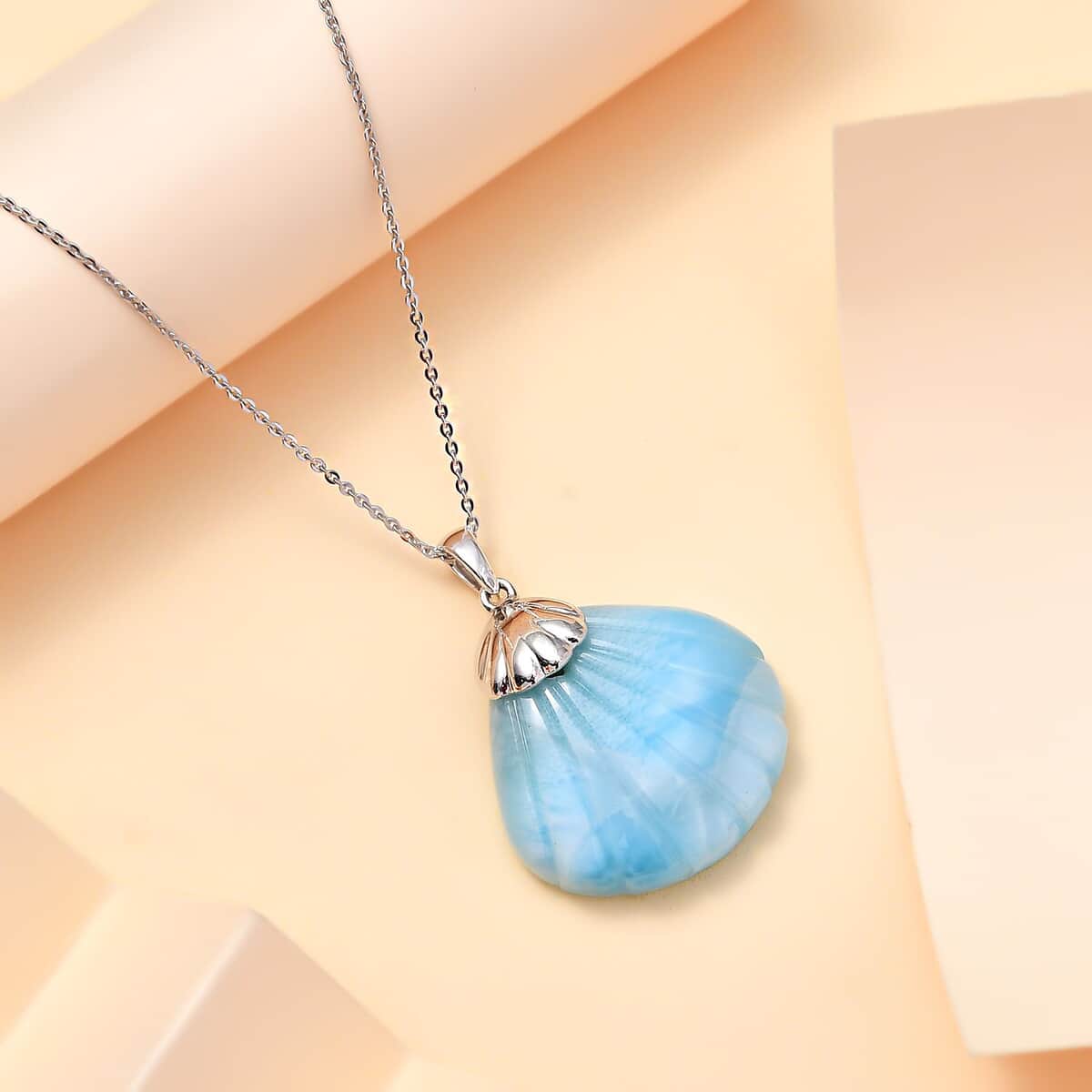 Larimar 34.60 ctw Seashell Pendant Necklace in Rhodium Over Sterling Silver 20 Inches image number 1