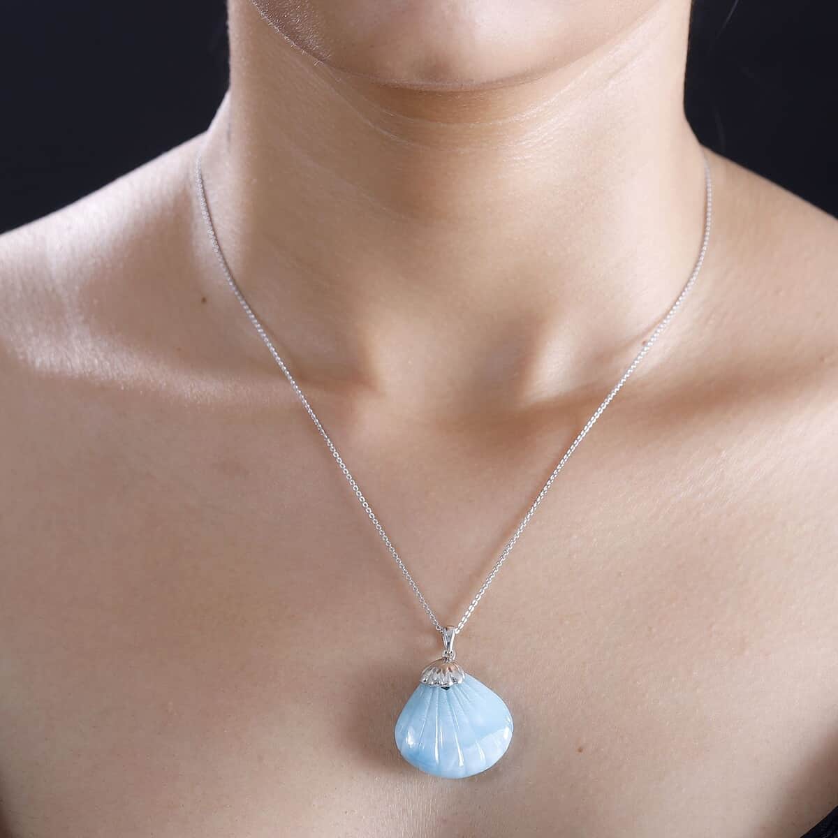 Larimar 34.60 ctw Seashell Pendant Necklace in Rhodium Over Sterling Silver 20 Inches image number 2