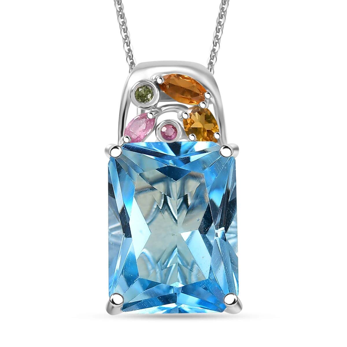 Radiant Cut Sky Blue Topaz and Multi-Tourmaline 16.30 ctw Pendant Necklace in Rhodium Over Sterling Silver 20 Inches image number 0