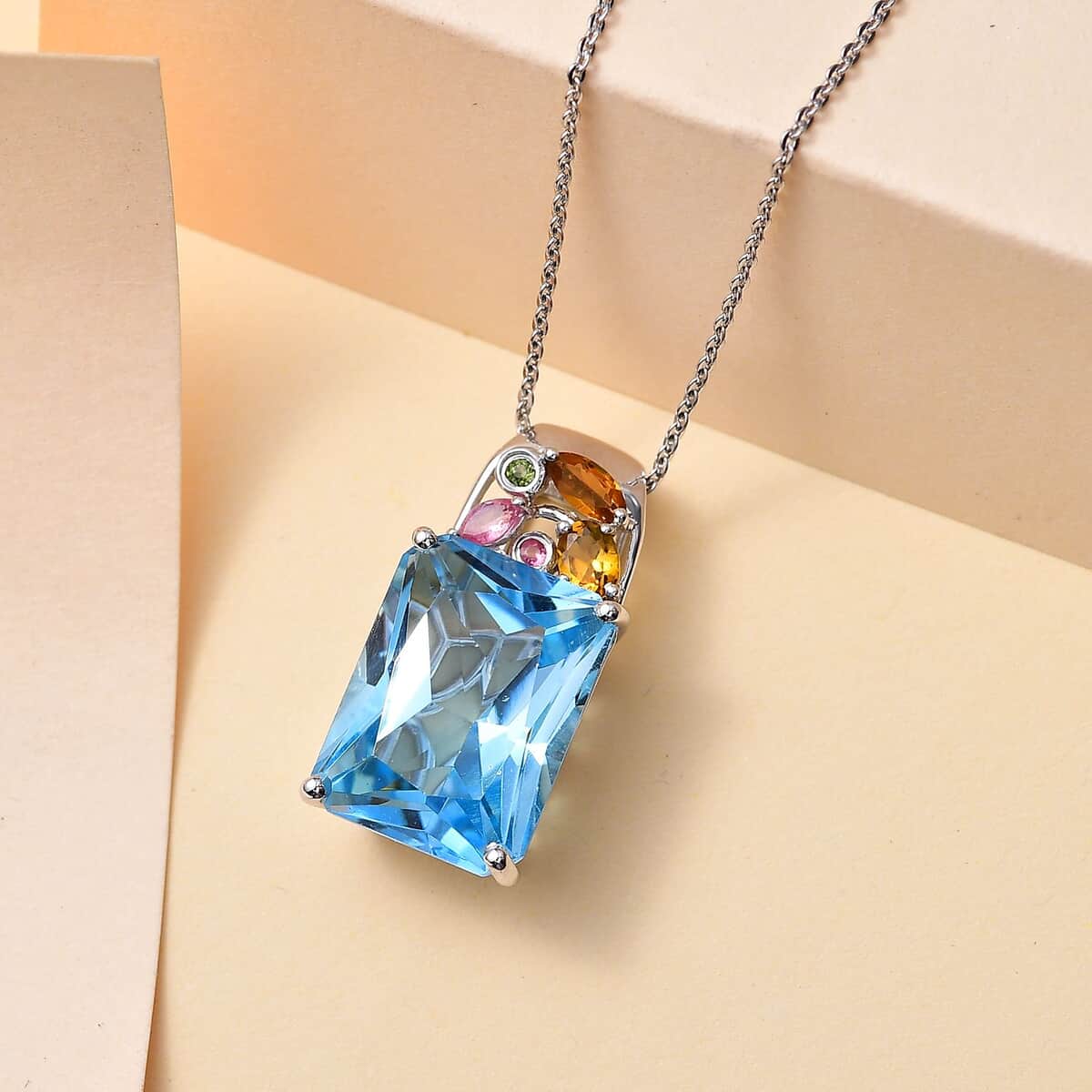 Radiant Cut Sky Blue Topaz and Multi-Tourmaline 16.30 ctw Pendant Necklace in Rhodium Over Sterling Silver 20 Inches image number 1