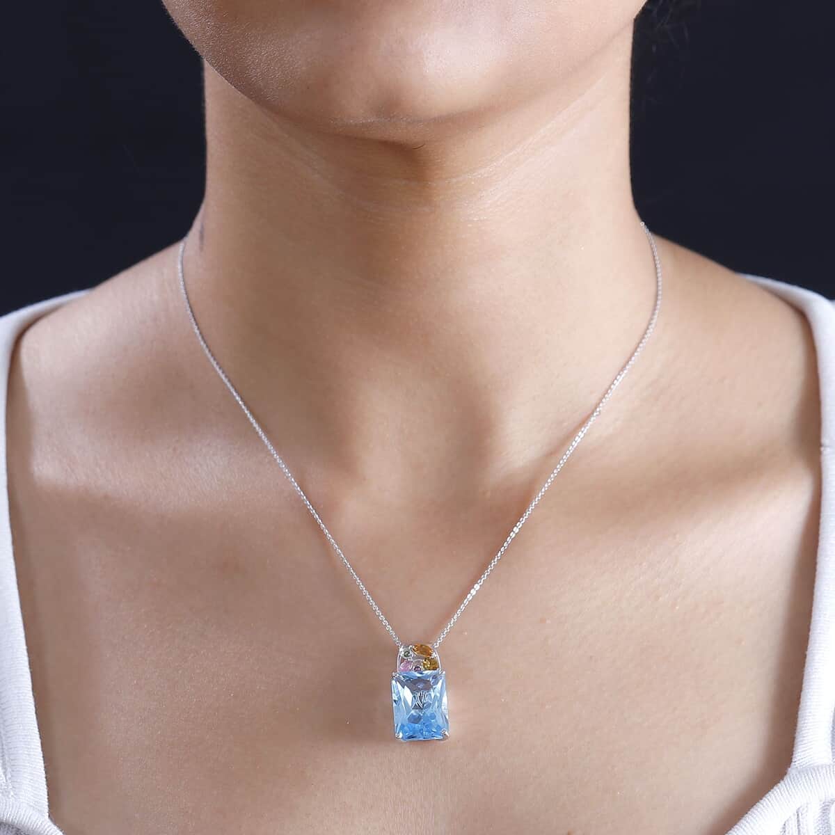 Radiant Cut Sky Blue Topaz and Multi-Tourmaline 16.30 ctw Pendant Necklace in Rhodium Over Sterling Silver 20 Inches image number 2