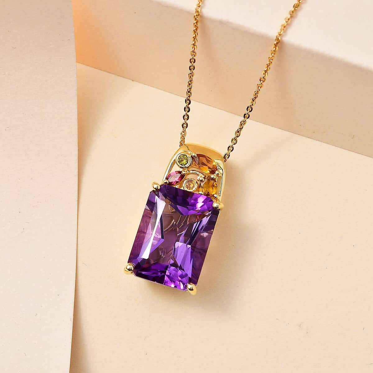 Radiant Cut African Amethyst and Multi-Tourmaline 11.20 ctw Butterfly Pendant Necklace in 18K Vermeil Yellow Gold Over Sterling Silver 20 Inches image number 1