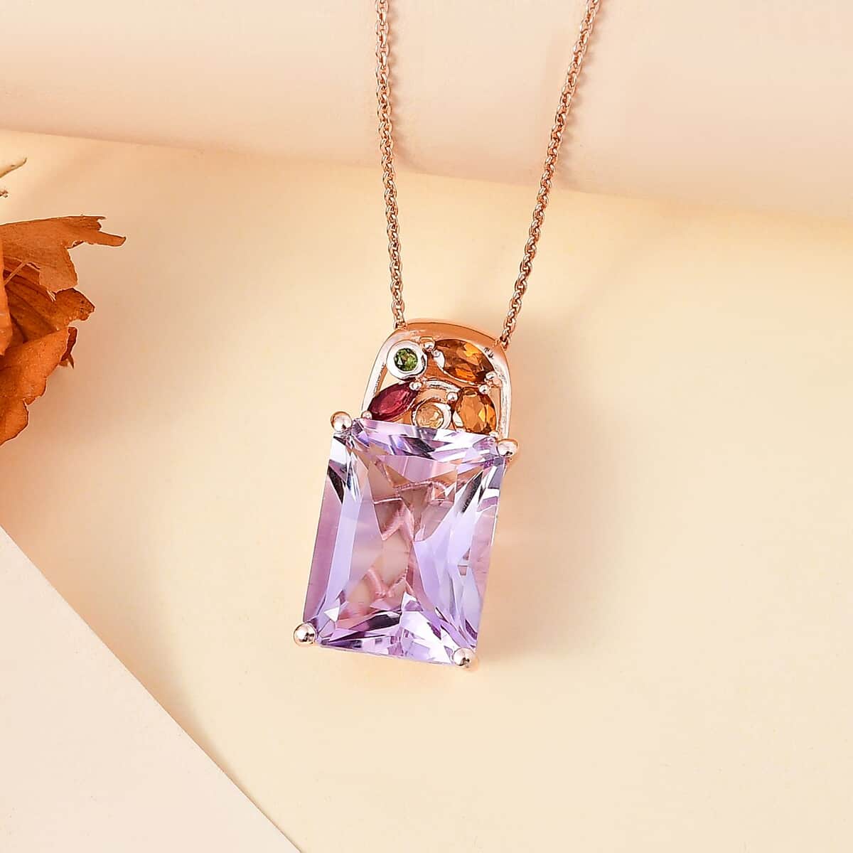 Radiant Cut Rose De France Amethyst and Multi-Tourmaline 11.75 ctw Butterfly Pendant Necklace in 18K Vermeil Rose Gold Over Sterling Silver 20 Inches image number 1