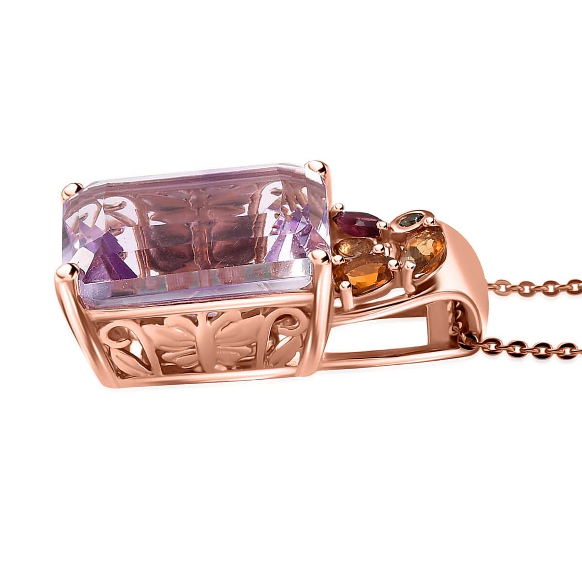 Radiant Cut Rose De France Amethyst and Multi-Tourmaline 11.75 ctw Butterfly Pendant Necklace in 18K Vermeil Rose Gold Over Sterling Silver 20 Inches image number 3