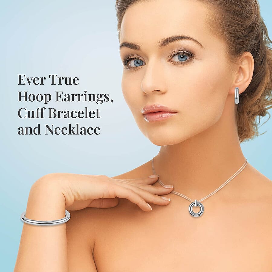 Set of 2, Ever True Hoop Earrings, Cuff Bracelet (7.50 In) and Necklace 20 Inches in ION Plated YG and Stainless Steel