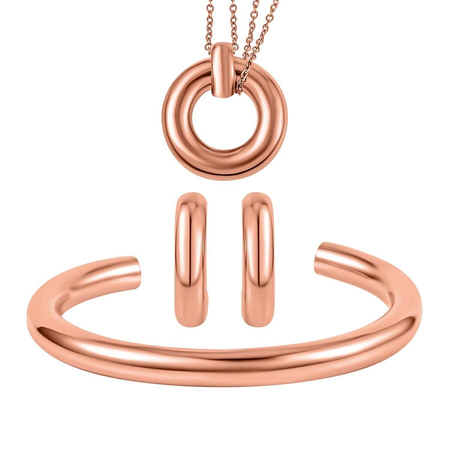 Set of 2, Ever True Hoop Earrings, Cuff Bracelet (7.50 In) and Necklace 20 Inches in ION Plated YG and Stainless Steel