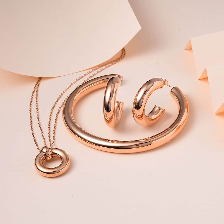 Set of 2, Ever True Hoop Earrings, Cuff Bracelet (7.50 In) and Necklace 20 Inches in ION Plated YG and Stainless Steel