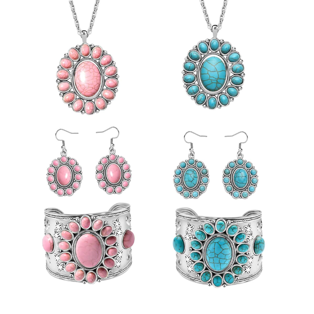 Set of 2, Blue and Pink Howlite Floral Cuff Bracelet (7.50-8.50 In), Earrings and Pendant Necklace (26-30 Inches) in Silvertone 275.00 ctw image number 0