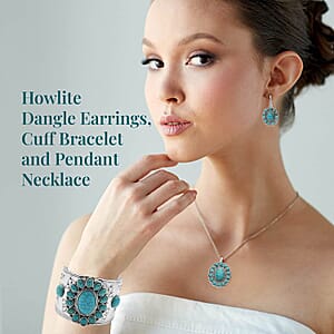 Set of 2, Blue and Pink Howlite Floral Cuff Bracelet (7.50-8.50 In), Earrings and Pendant Necklace 26-30 Inches in Silvertone 275.00 ctw