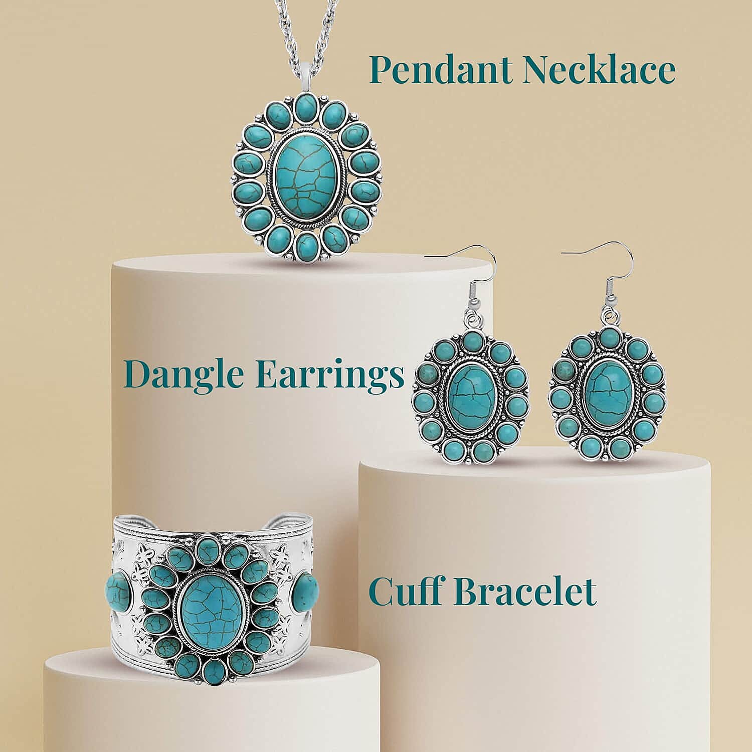 Set of 2, Blue and Pink Howlite Floral Cuff Bracelet (7.50-8.50 In), Earrings and Pendant Necklace 26-30 Inches in Silvertone 275.00 ctw