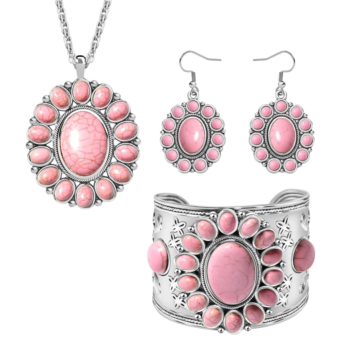 Set of 2, Blue and Pink Howlite Floral Cuff Bracelet (7.50-8.50 In), Earrings and Pendant Necklace (26-30 Inches) in Silvertone 275.00 ctw image number 5