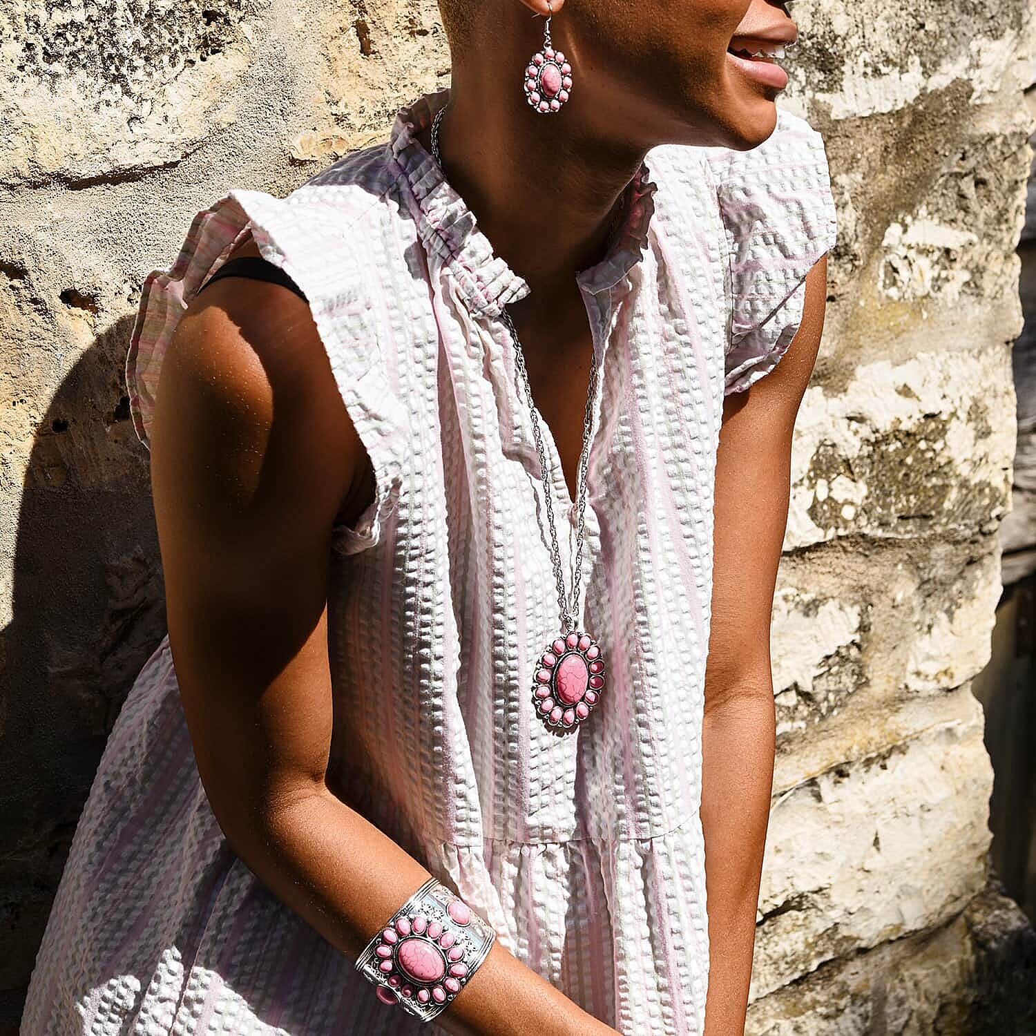Set of 2, Blue and Pink Howlite Floral Cuff Bracelet (7.50-8.50 In), Earrings and Pendant Necklace 26-30 Inches in Silvertone 275.00 ctw