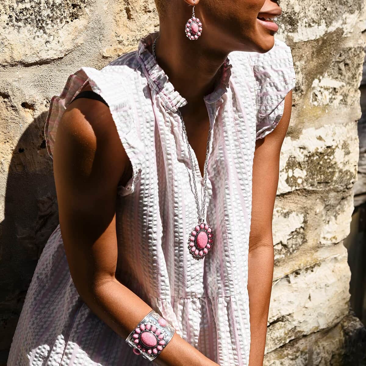 Set of 2, Blue and Pink Howlite Floral Cuff Bracelet (7.50-8.50 In), Earrings and Pendant Necklace (26-30 Inches) in Silvertone 275.00 ctw image number 8