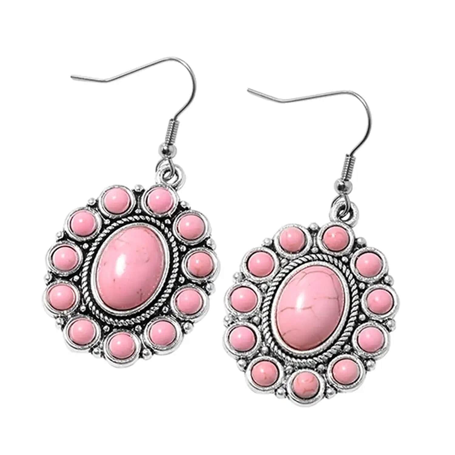 Set of 2, Blue and Pink Howlite Floral Cuff Bracelet (7.50-8.50 In), Earrings and Pendant Necklace 26-30 Inches in Silvertone 275.00 ctw