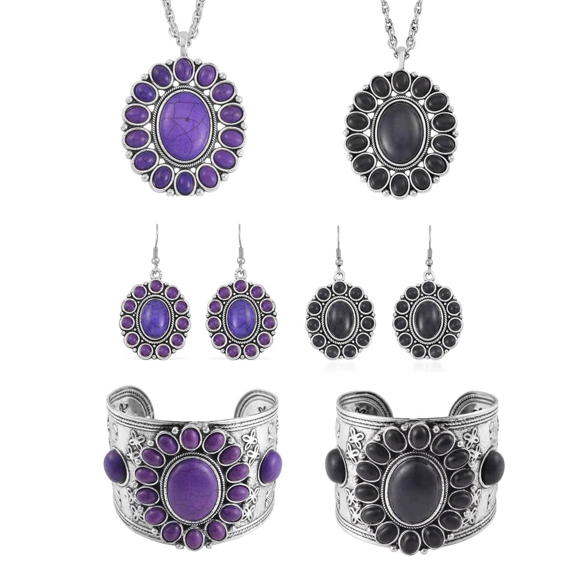 Set of 2 Black and Purple Howlite Dangle Earrings, Cuff Bracelet (7.5-8.5In) and Pendant Necklace 26-30 Inches in Silvertone 438.00 ctw image number 0