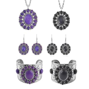 Set of 2 Black and Purple Howlite Dangle Earrings, Cuff Bracelet (7.5-8.5In) and Pendant Necklace 26-30 Inches in Silvertone 438.00 ctw