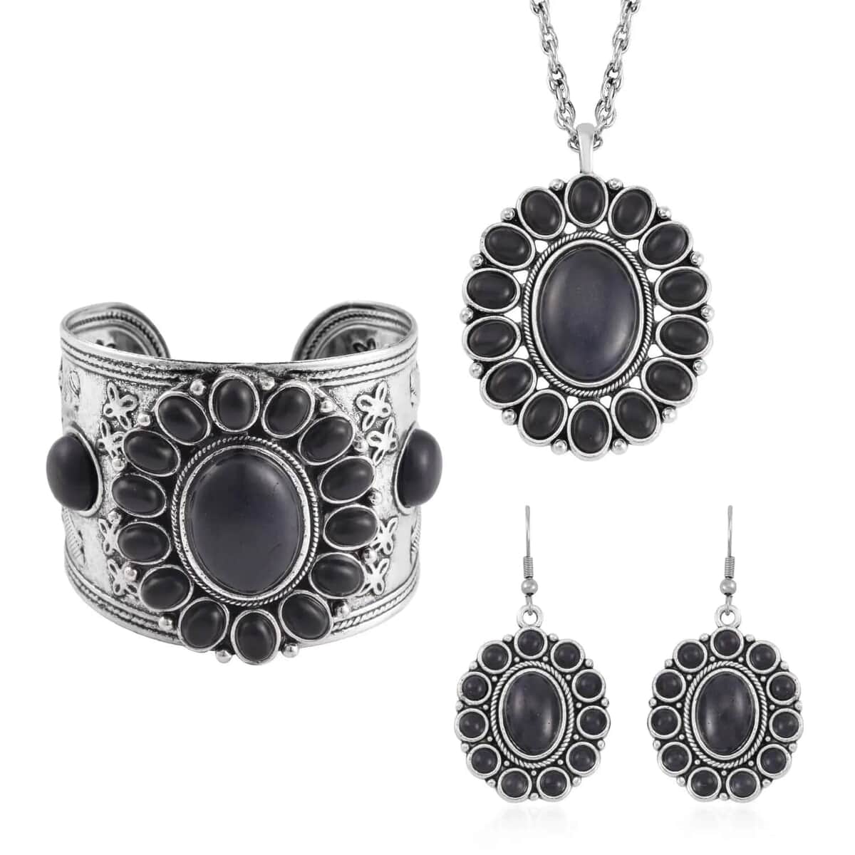 Set of 2 Black and Purple Howlite Dangle Earrings, Cuff Bracelet (7.5-8.5In) and Pendant Necklace 26-30 Inches in Silvertone 438.00 ctw image number 1