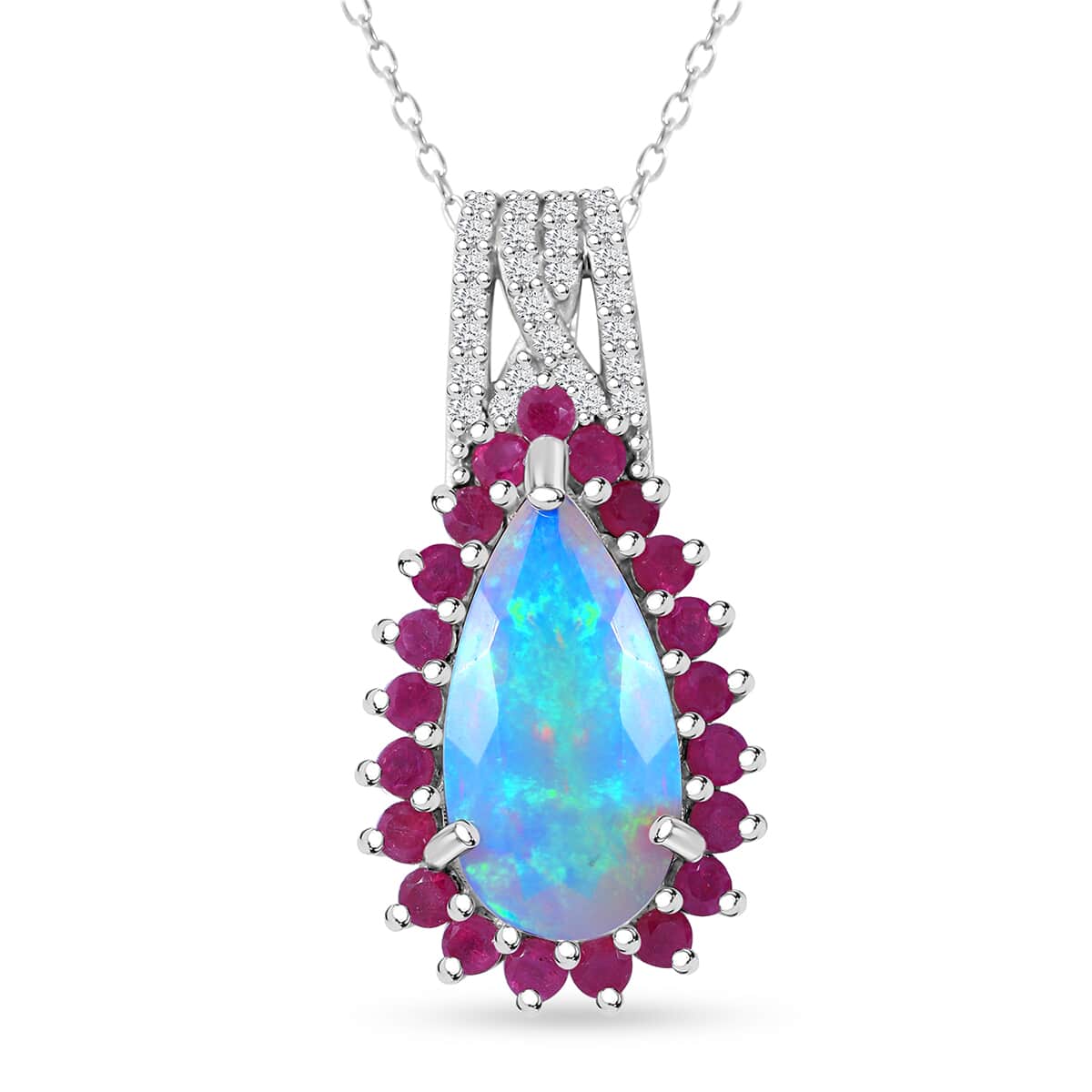 AAA Ethiopian Welo Opal and Multi Gemstone 3.65 ctw Halo Pendant Necklace in Rhodium Over Sterling Silver 20 Inches image number 0