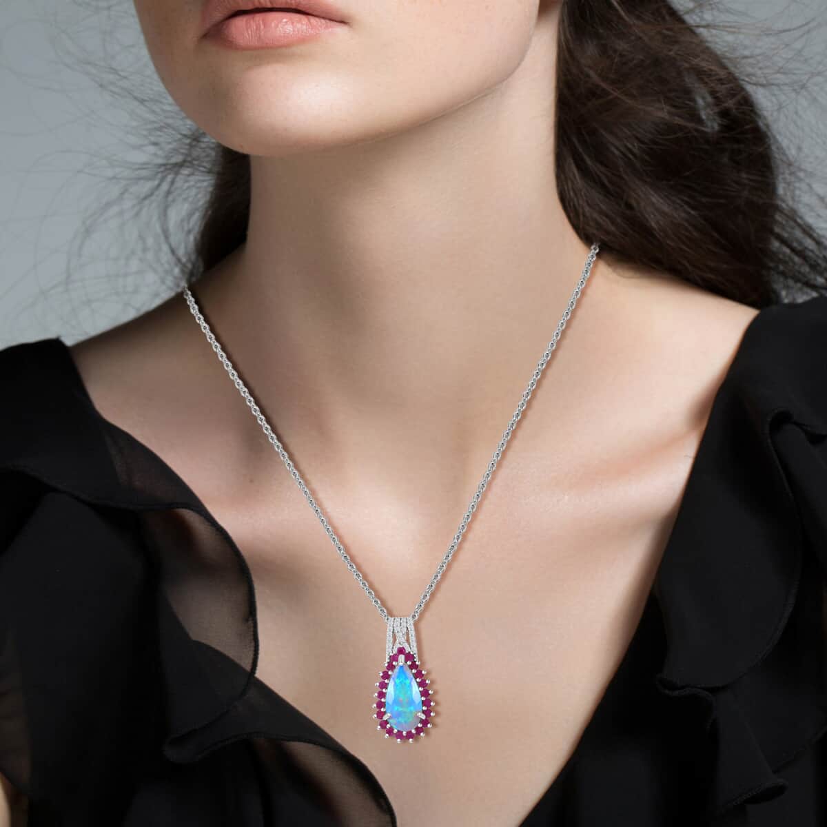 AAA Ethiopian Welo Opal and Multi Gemstone 3.65 ctw Halo Pendant Necklace in Rhodium Over Sterling Silver 20 Inches image number 1