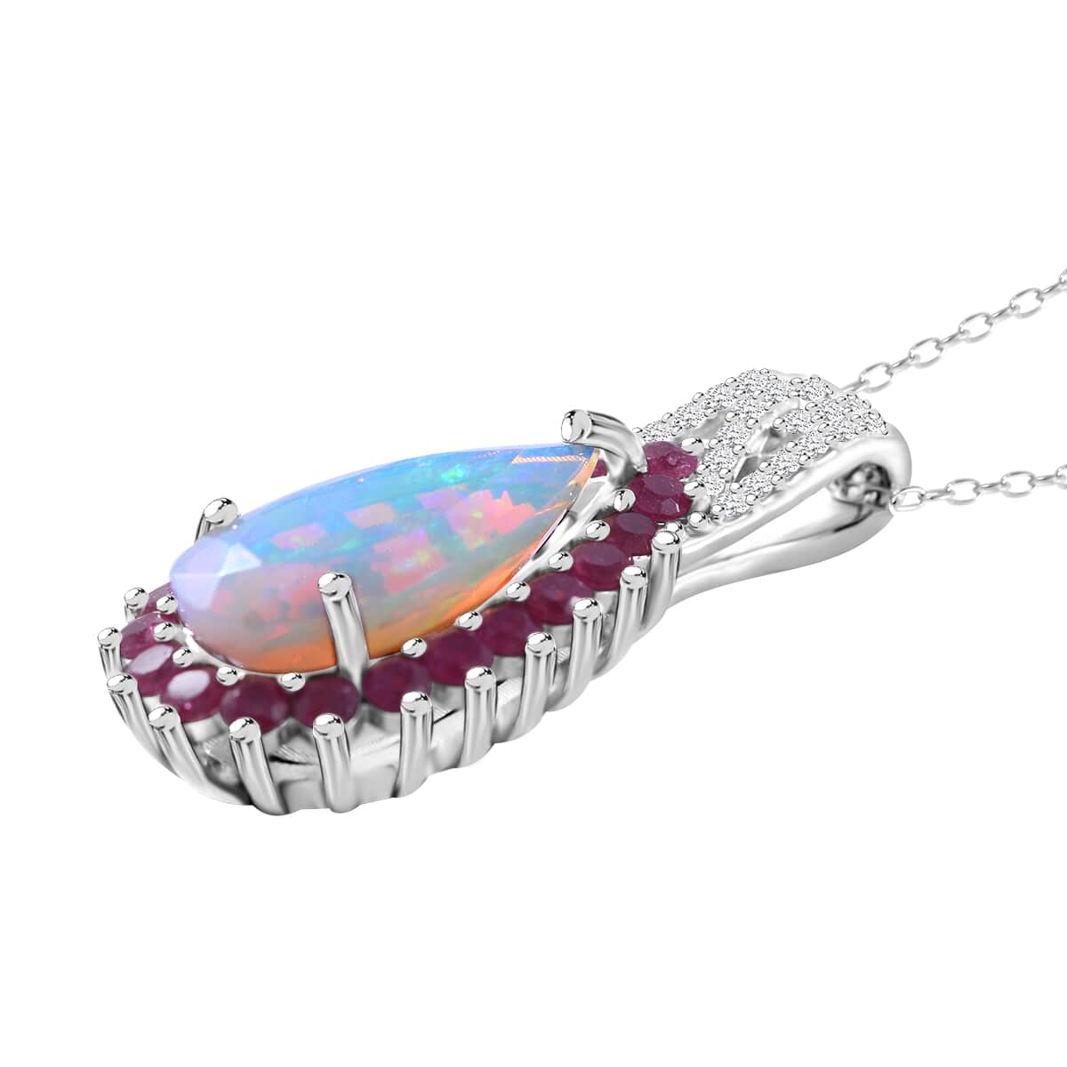 AAA Ethiopian Welo Opal and Multi Gemstone 3.65 ctw Halo Pendant Necklace in Rhodium Over Sterling Silver 20 Inches image number 2