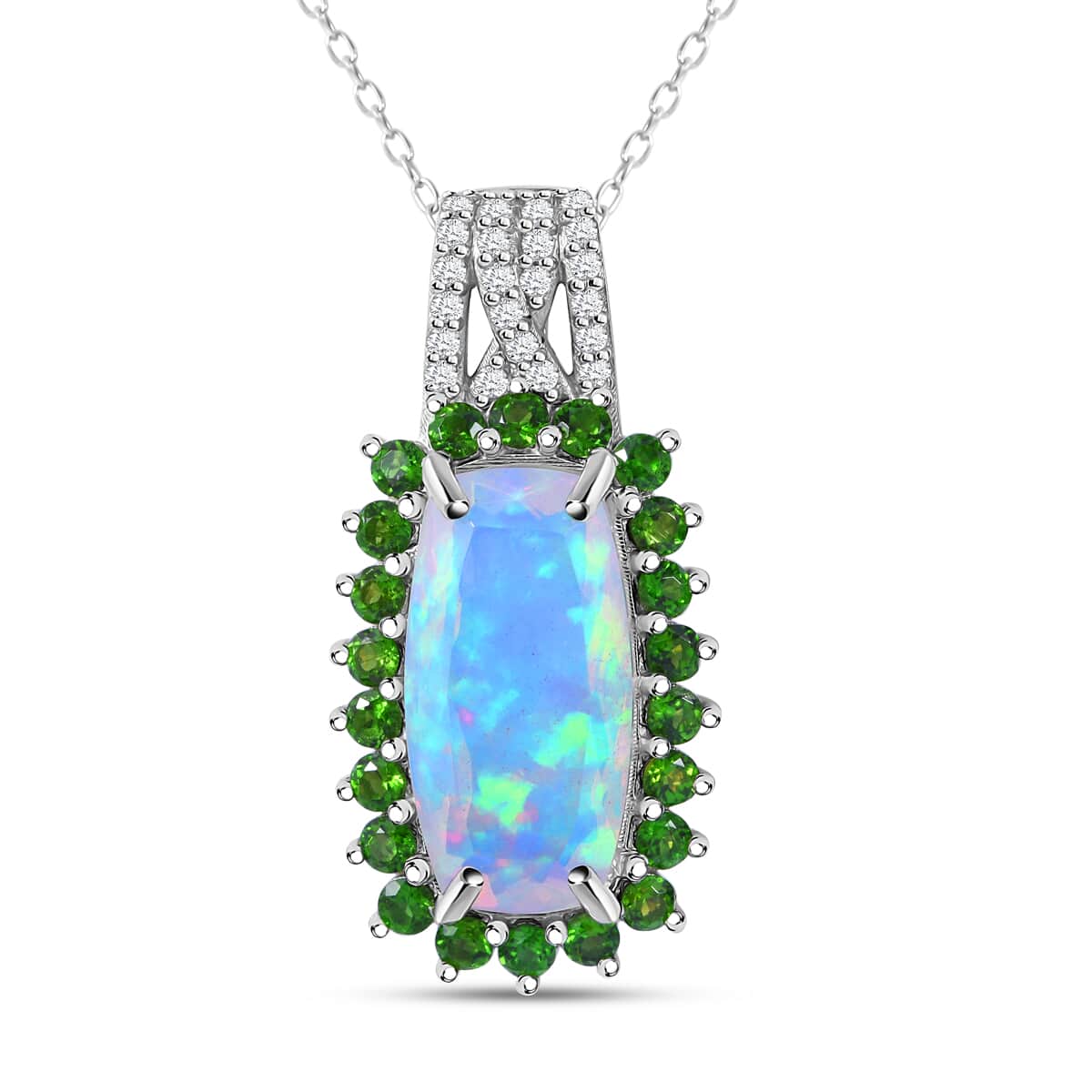 AAA Ethiopian Welo Opal and Multi Gemstone 4.60 ctw Halo Pendant Necklace in Rhodium Over Sterling Silver 20 Inches image number 0