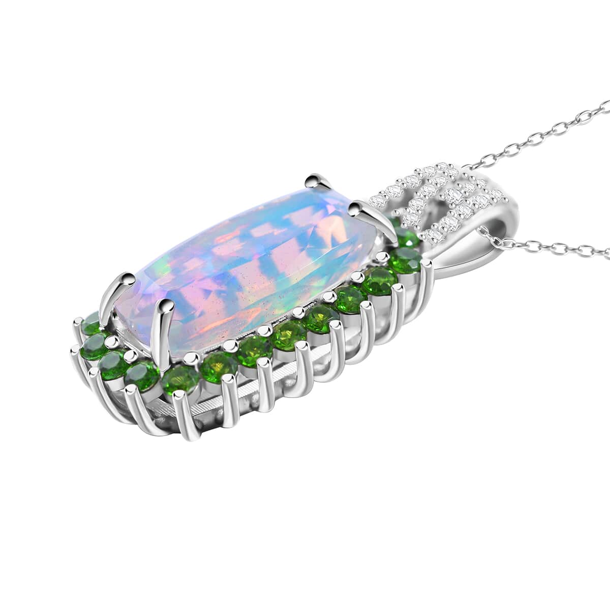 AAA Ethiopian Welo Opal and Multi Gemstone 4.60 ctw Halo Pendant Necklace in Rhodium Over Sterling Silver 20 Inches image number 2