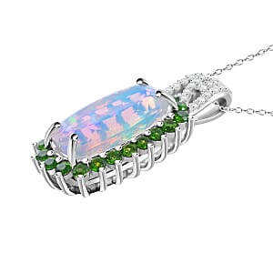 AAA Ethiopian Welo Opal and Multi Gemstone 4.60 ctw Halo Pendant Necklace in Rhodium Over Sterling Silver 20 Inches