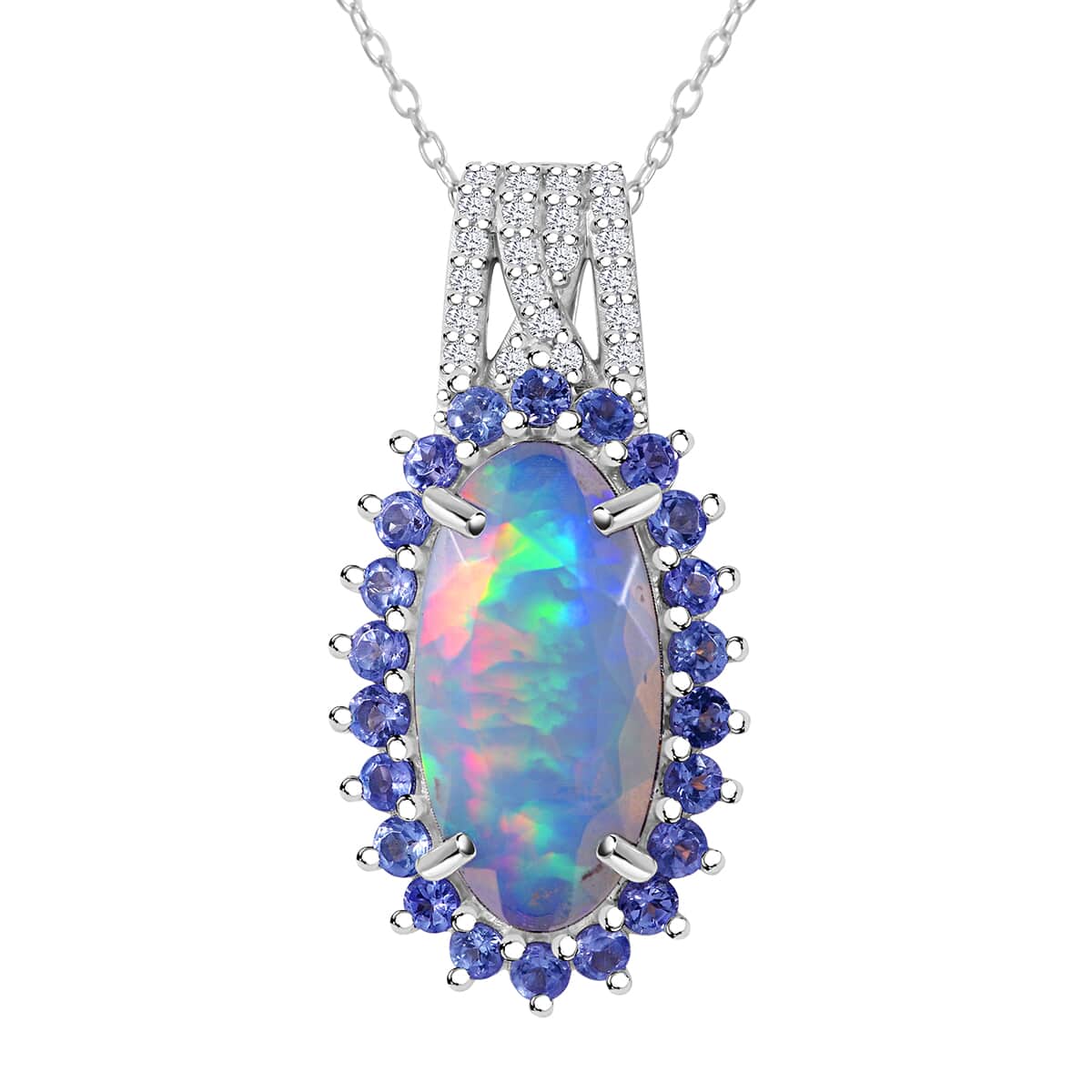 AAA Ethiopian Welo Opal and Multi Gemstone 3.85 ctw Halo Pendant Necklace in Rhodium Over Sterling Silver 20 Inches image number 0