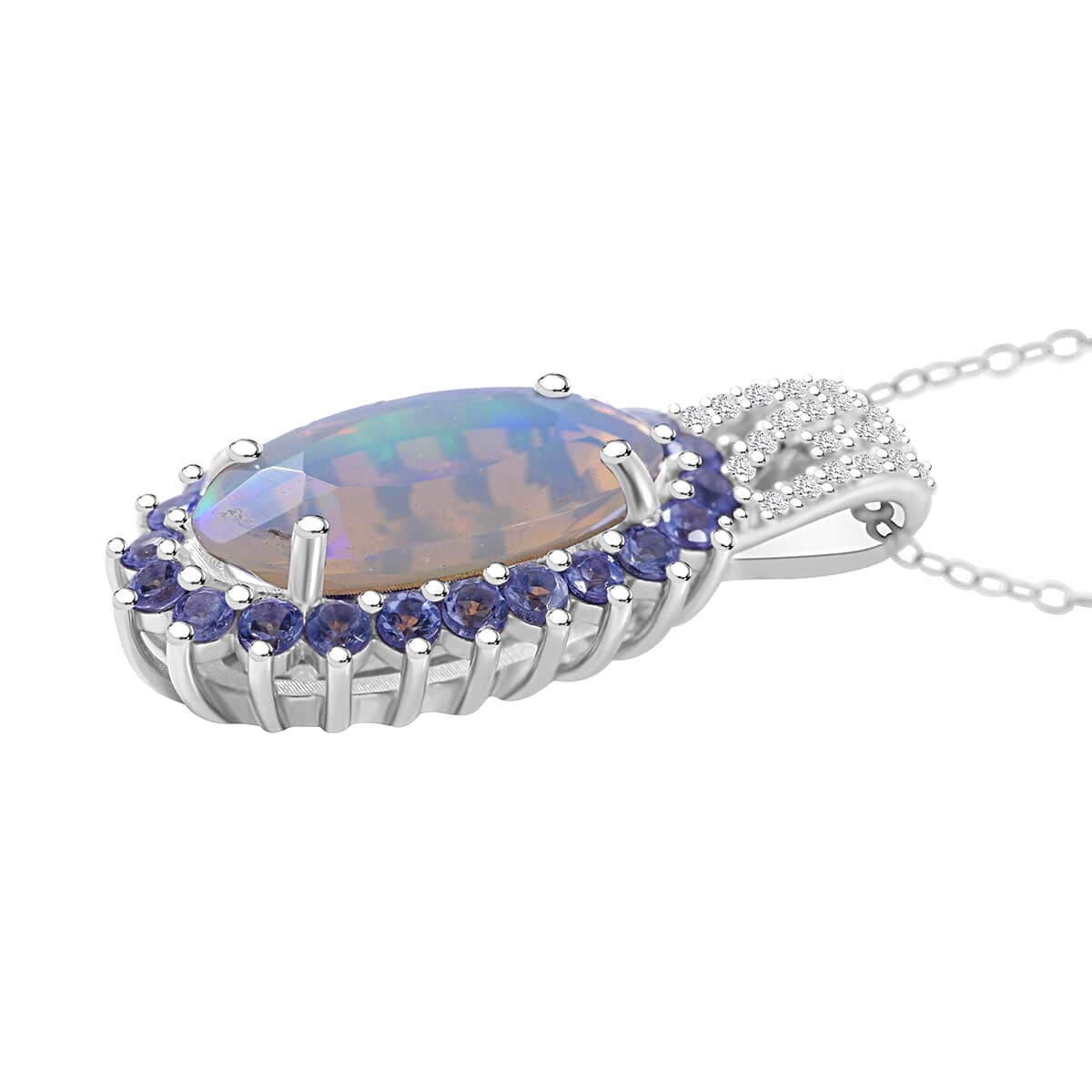 AAA Ethiopian Welo Opal and Multi Gemstone 3.85 ctw Halo Pendant Necklace in Rhodium Over Sterling Silver 20 Inches image number 2