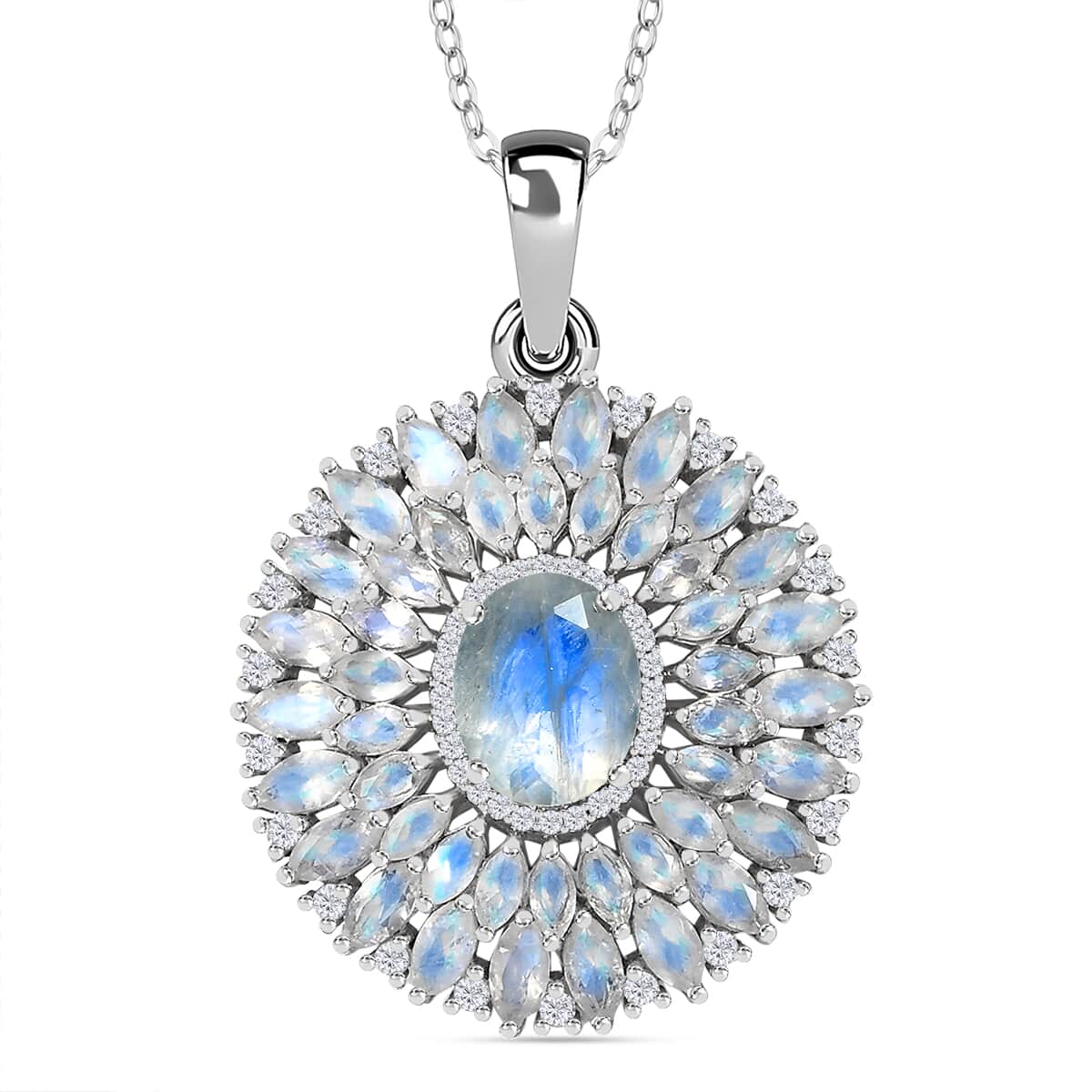 Premium Moon Glow Moonstone and Moissanite Moonlight Fountain Pendant Necklace 7.85 ctw in Rhodium Over Sterling Silver 20 Inches image number 0