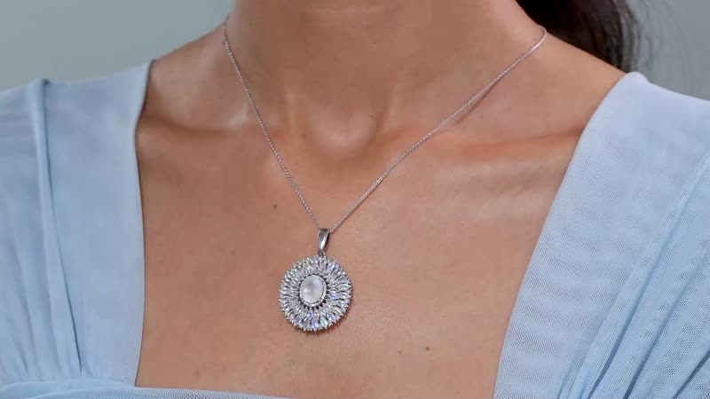 Premium Moon Glow Moonstone and Moissanite Moonlight Fountain Pendant Necklace 7.85 ctw in Rhodium Over Sterling Silver 20 Inches