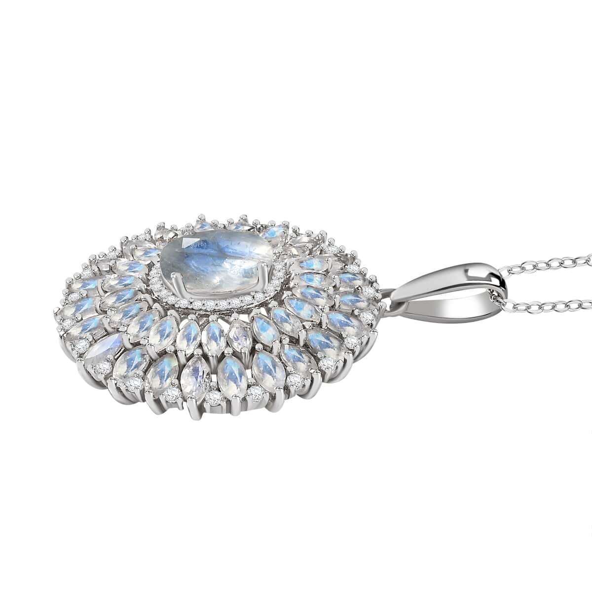 Premium Moon Glow Moonstone and Moissanite Moonlight Fountain Pendant Necklace 7.85 ctw in Rhodium Over Sterling Silver 20 Inches image number 4