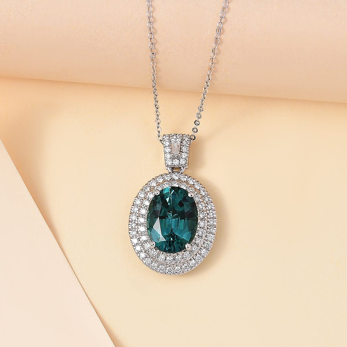 Certified & Appraised Rhapsody AAAA Lagoon Tourmaline and E-F VS Diamond 4.09 ctw Pendant Necklace in 950 Platinum 18 Inches image number 1