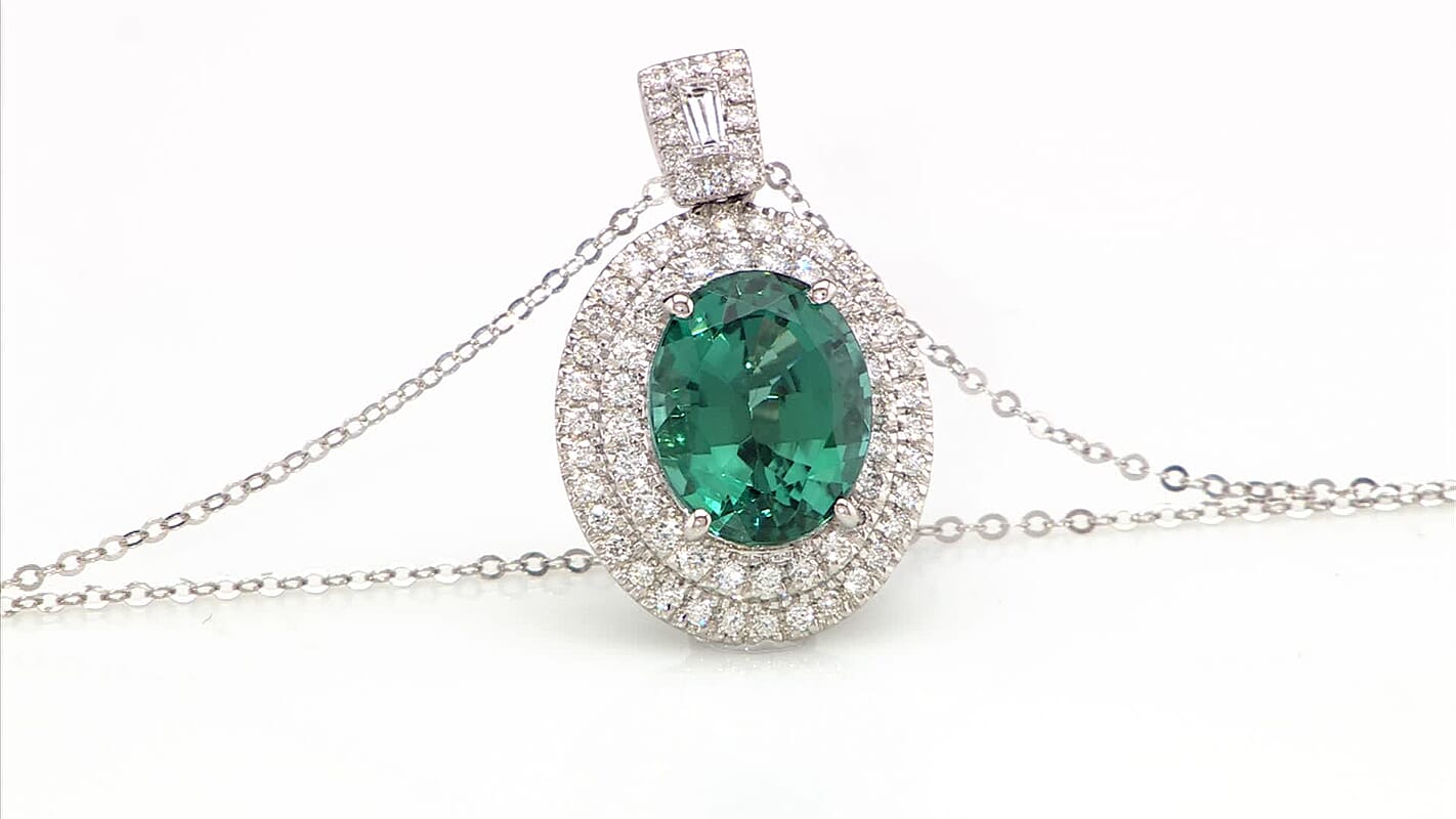 Certified & Appraised Rhapsody AAAA Lagoon Tourmaline and E-F VS Diamond 4.09 ctw Pendant Necklace in 950 Platinum 18 Inches