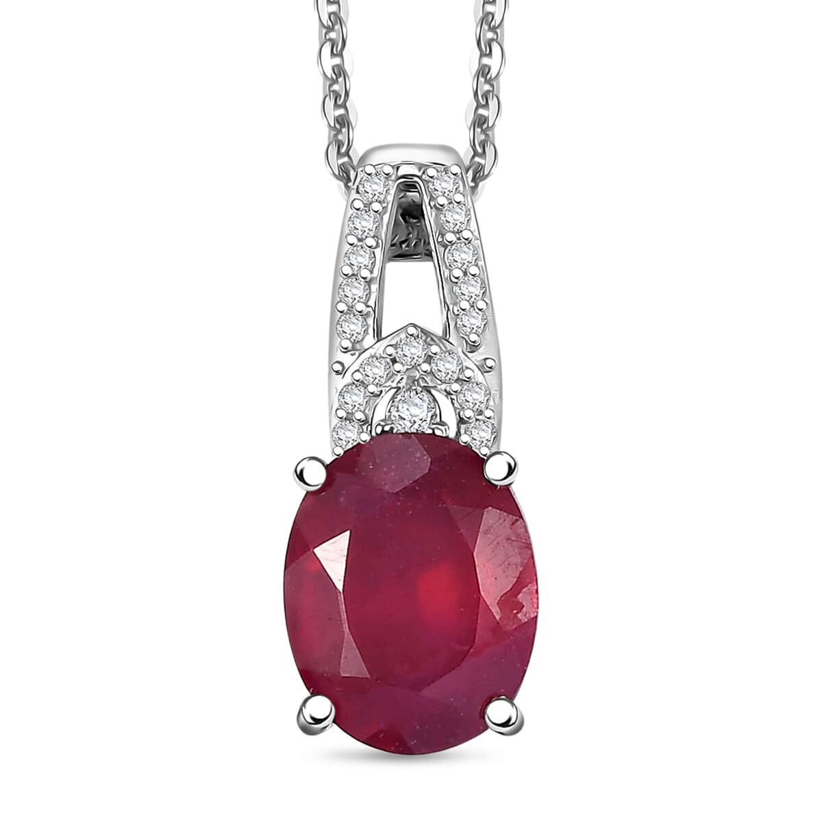 Niassa Ruby (FF) and White Zircon 3.00 ctw Pendant Necklace 20 Inches in Rhodium Over Sterling Silver image number 0