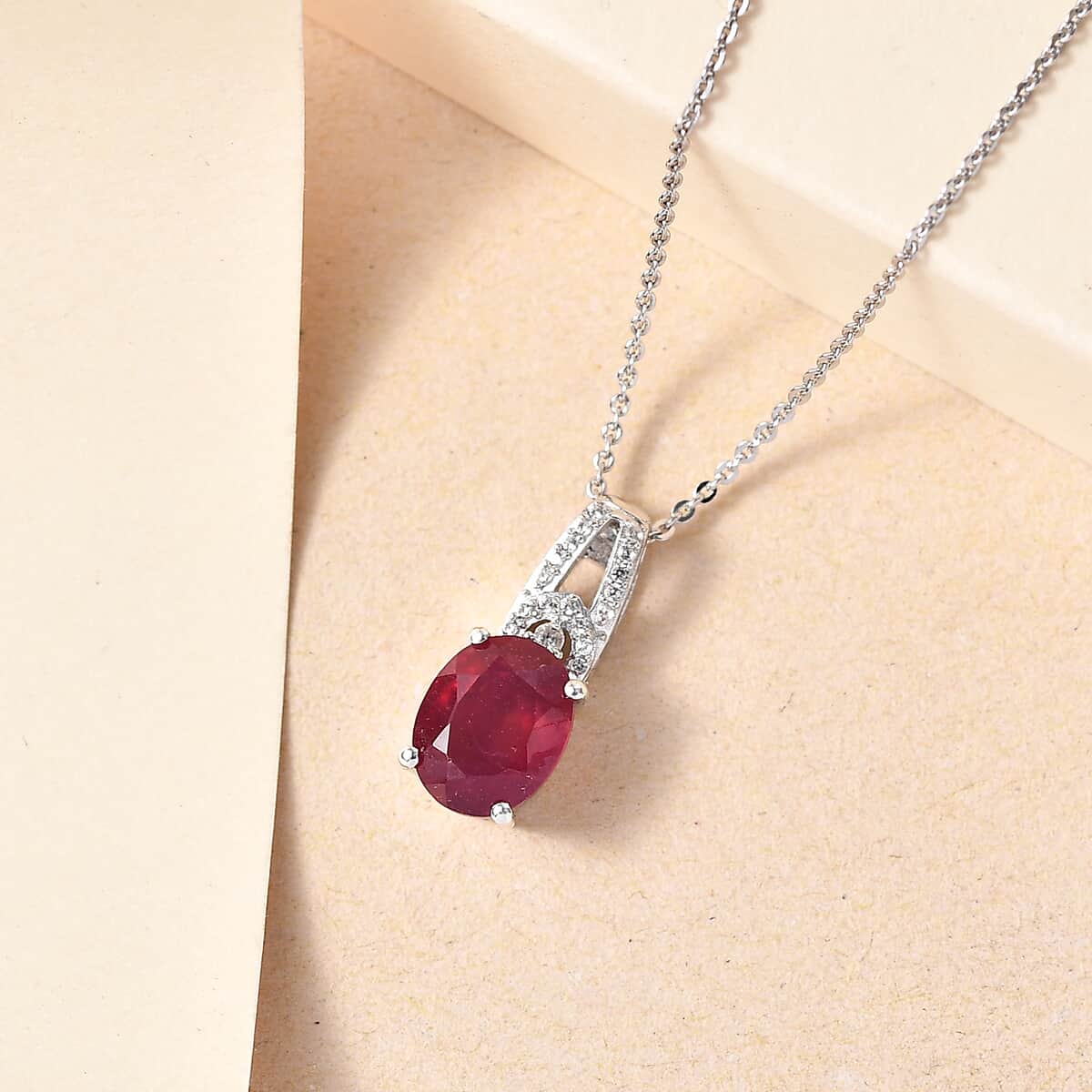 Niassa Ruby (FF) and White Zircon 3.00 ctw Pendant Necklace 20 Inches in Rhodium Over Sterling Silver image number 1