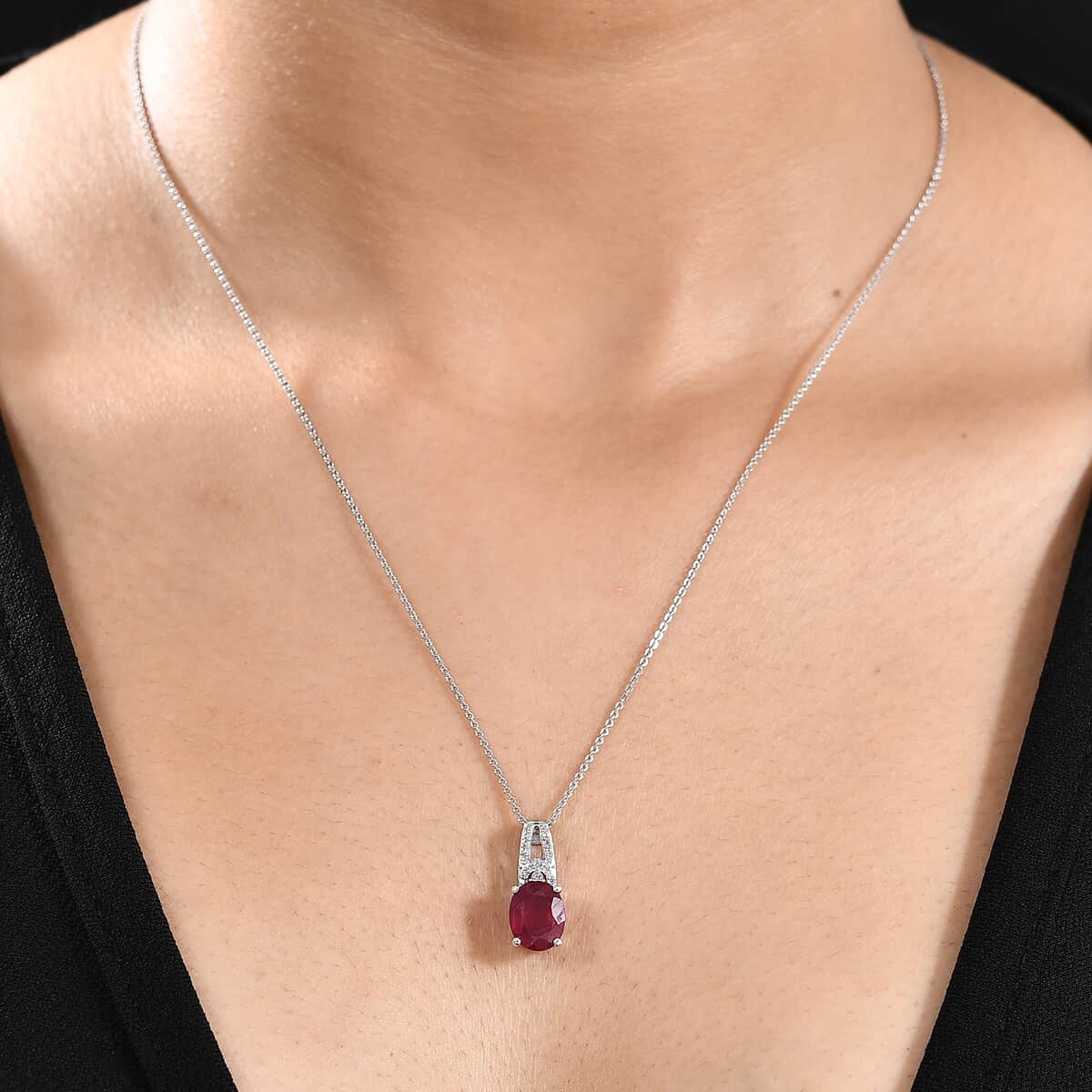 Niassa Ruby (FF) and White Zircon 3.00 ctw Pendant Necklace 20 Inches in Rhodium Over Sterling Silver image number 2