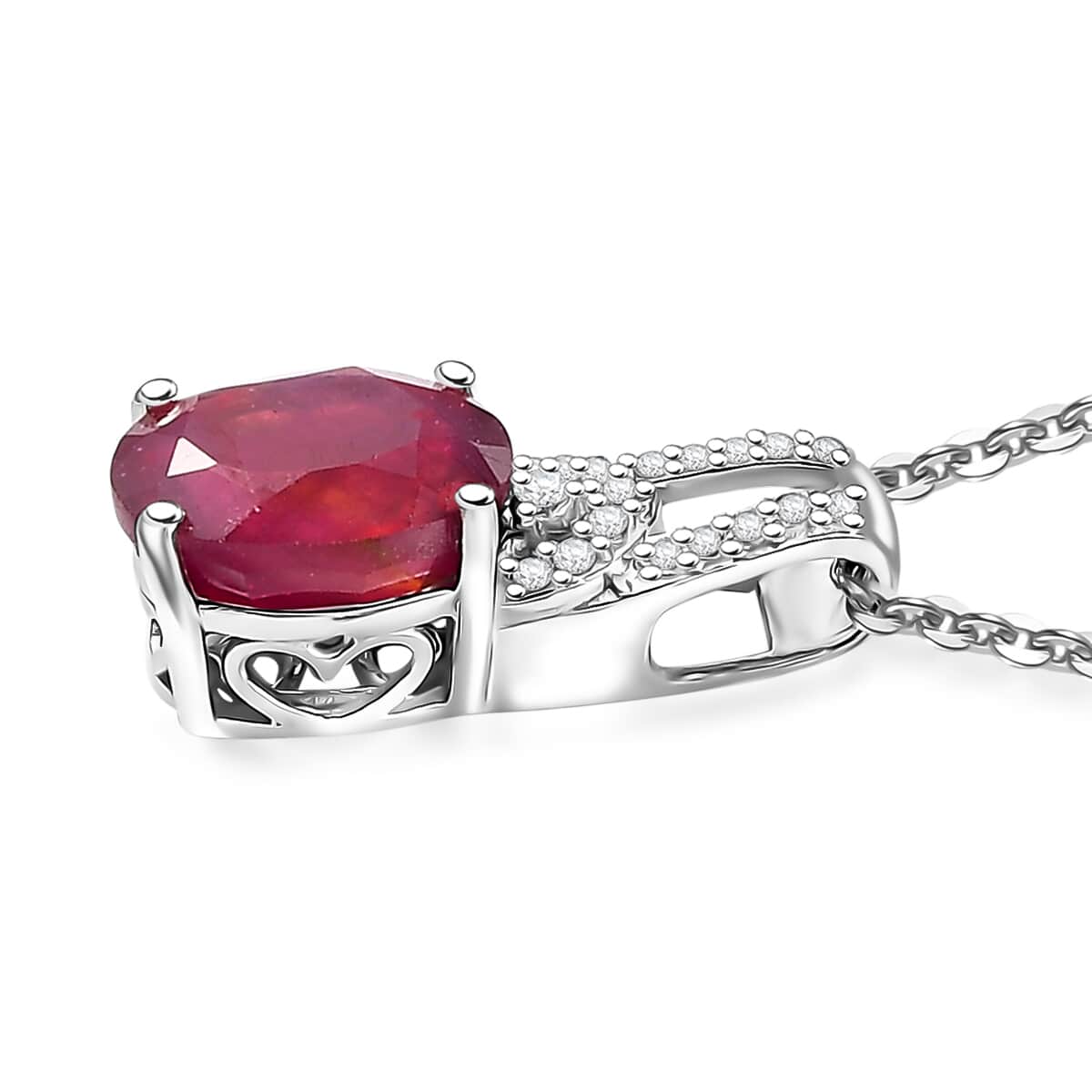 Niassa Ruby (FF) and White Zircon 3.00 ctw Pendant Necklace 20 Inches in Rhodium Over Sterling Silver image number 3